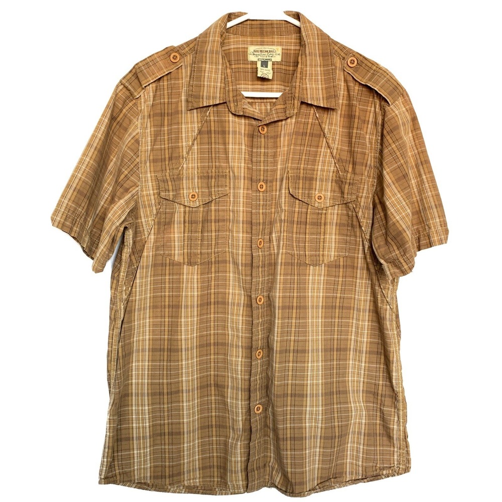 American Rag Button Down Shirt Mens L Brown Plaid Utility Epaulettes Excellent